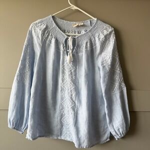 Joie Linen‎ Embroidered Peasant Blouse Light Blue Tassel Boho Top Womens XS